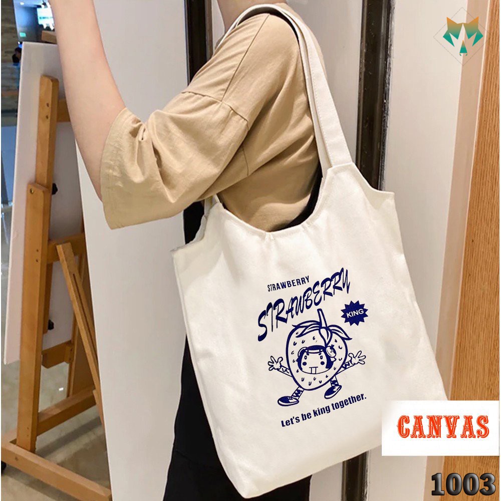 Túi Tote Trắng Chất Vải Canvas 1003 464 Strawbery Trái Dâu Hàng Chuẩn Đẹp - Hazo