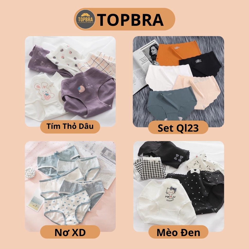 SET 5 Quần Lót Cotton Nữ Nâng Mông Thông Hơi Kháng Khuẩn Hút Mồ Hôi Hoạ Tiết Dễ Thương TOPBRA