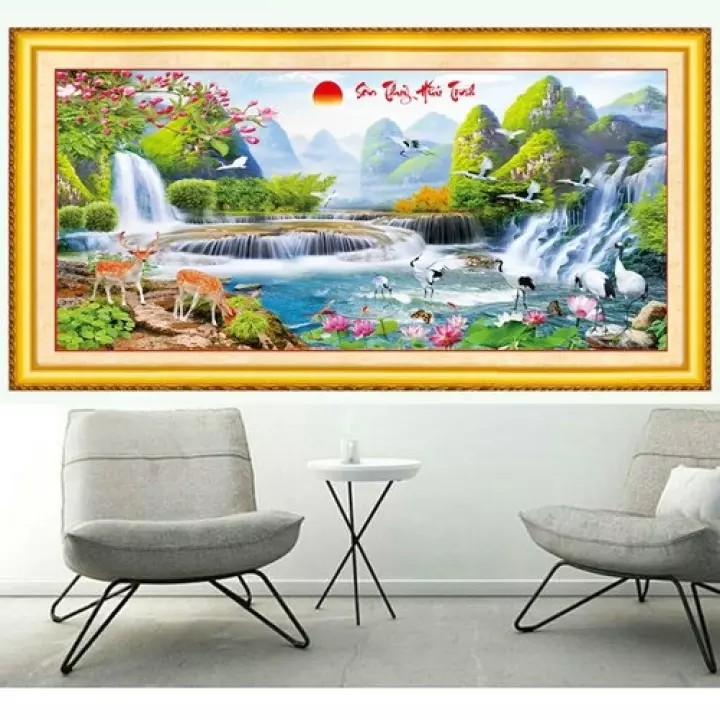 Tranh Đính Đá PHONG CẢNH SƠN THỦY HỮU TÌNH. Kích Thước: 1m20 x 55cm - 1m60 x 70cm - 1m98 x 86cm