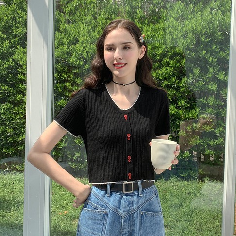 Xiaozhainv Áo thun tay ngắn ôm dáng cổ chữ V thanh lịch