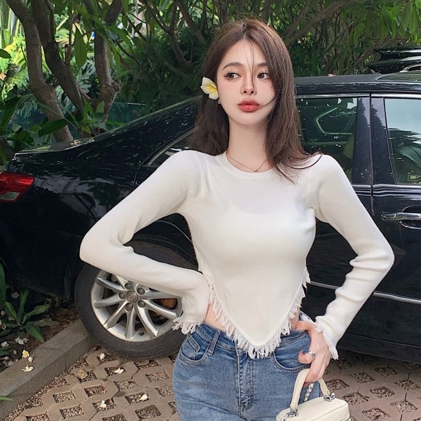 SEZO Áo croptop Dệt Kim Tay Dài Cổ Tròn Viền Tua Rua Phong Cách Hàn Quốc Thời Trang Cho Nữ