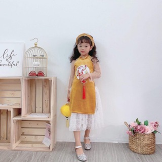 Áo dài nhung bé gái kèm mấn, chân váy ren cao cấp hai màu vàng và đỏ 9-25kg