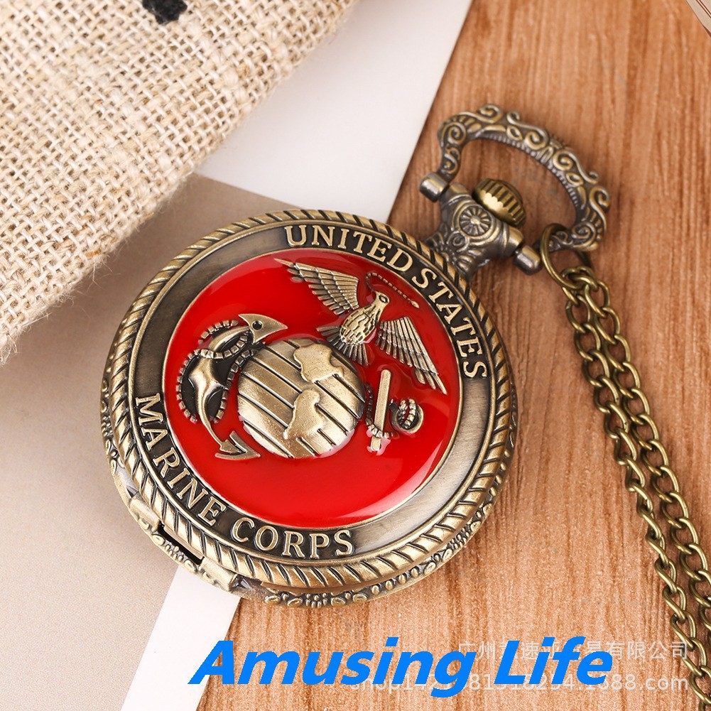 Quartz Pocket Watch Nóng Retro Đồng Epoxy Đỏ Thủy Quân Lục Chiến Hoa Kỳ Huy Hiệu Thạch Anh Đồng Hồ Bỏ Túi Nhà Sản Xuất B