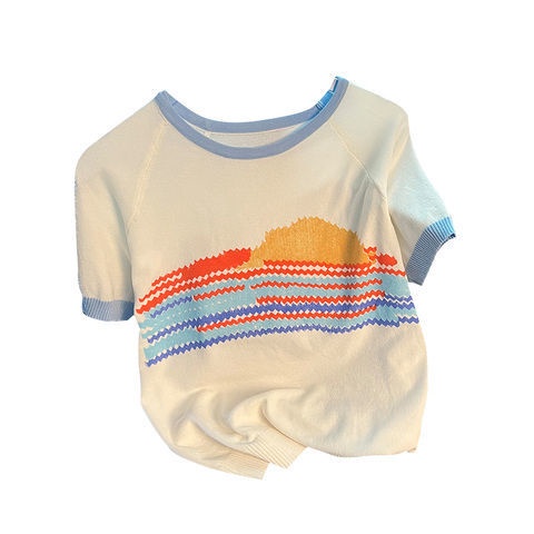 Áo Sweater Tay Ngắn Dáng Rộng Thời Trang Mùa Hè Hàn Quốc Màu Sắc Độc Đáo