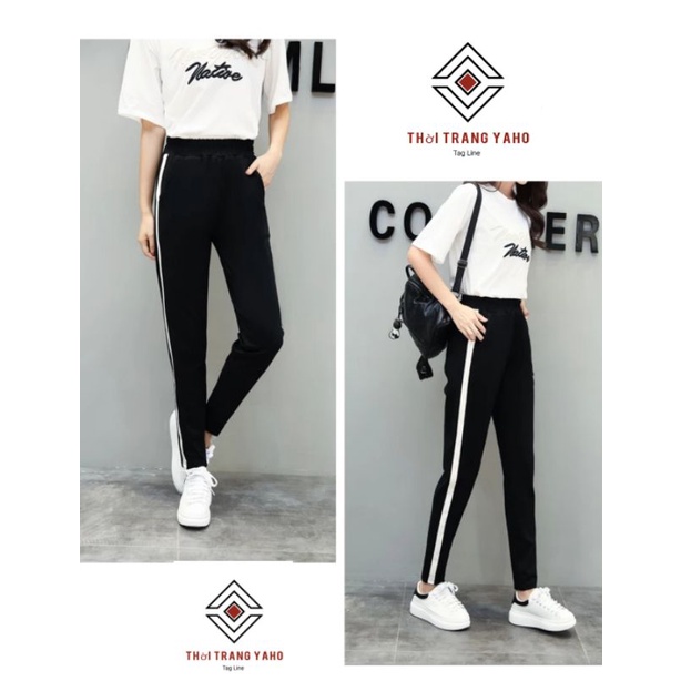 Quần jogger nữ dây rút chất vải UMI màu đen phối 1 sọc trắng co dãn 4 chiều Quần thể thao nữ dài mặc tập gym yoga đi học