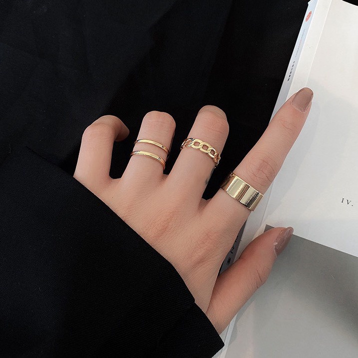 Bộ Nhẫn Thiết Kế Đơn Giản Tùy Chỉnh Kích Thước Vừa Mọi Size Tay Unisex Nam Nữ Phong Cách Cool Ngầu