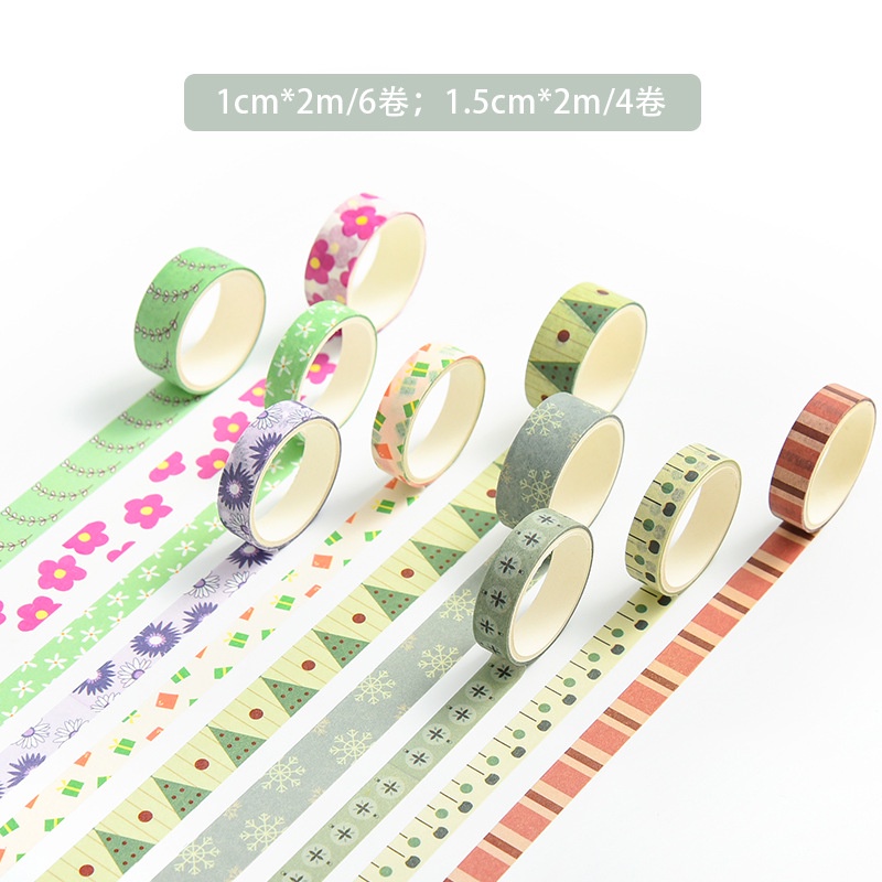 Hộp 10 cuộn washi tape + sticker nhiều hình cute dễ thương, băng dính washi tape CREAMY