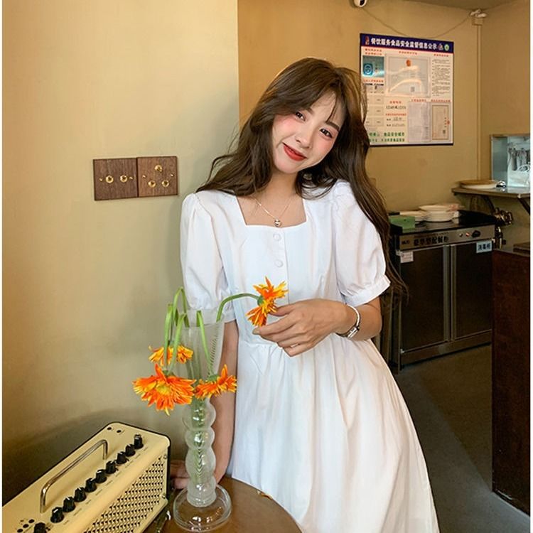 Đầm Ngắn Tay Cổ Vuông Thời Trang Hàn Nữ Tính