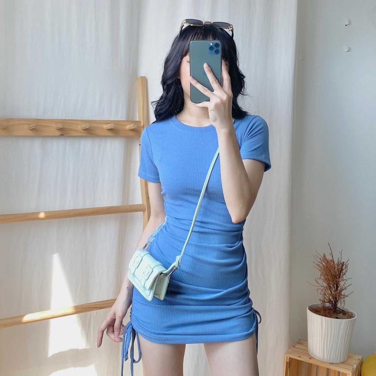 Đầm gân tay ngắn VM STYLE body váy rút dây 22VD03T370903