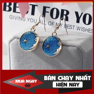 Bông tai khoen tròn tòn ten kiểu dáng bầu trời mặt trăng, ngôi sao xanh dương [Hot Trend]