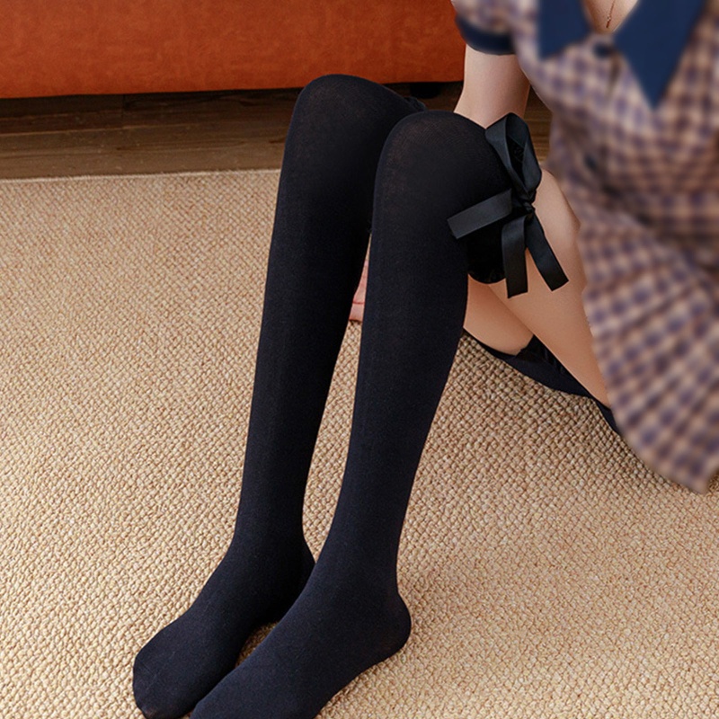 Tất cao đến đùi bằng Satin có diềm xếp nếp đính nơ ruy băng phong cách Lolita Harajuku cho nữ dùng Cosplay