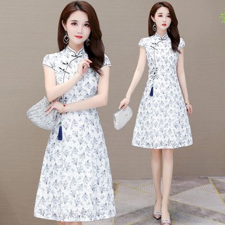 Thời trang trung niên✶⊕✼Sườn xám hoa phiên bản cải tiến váy đầm nữ mùa hè 2020 mới tự trồng, che bụng, giảm eo,