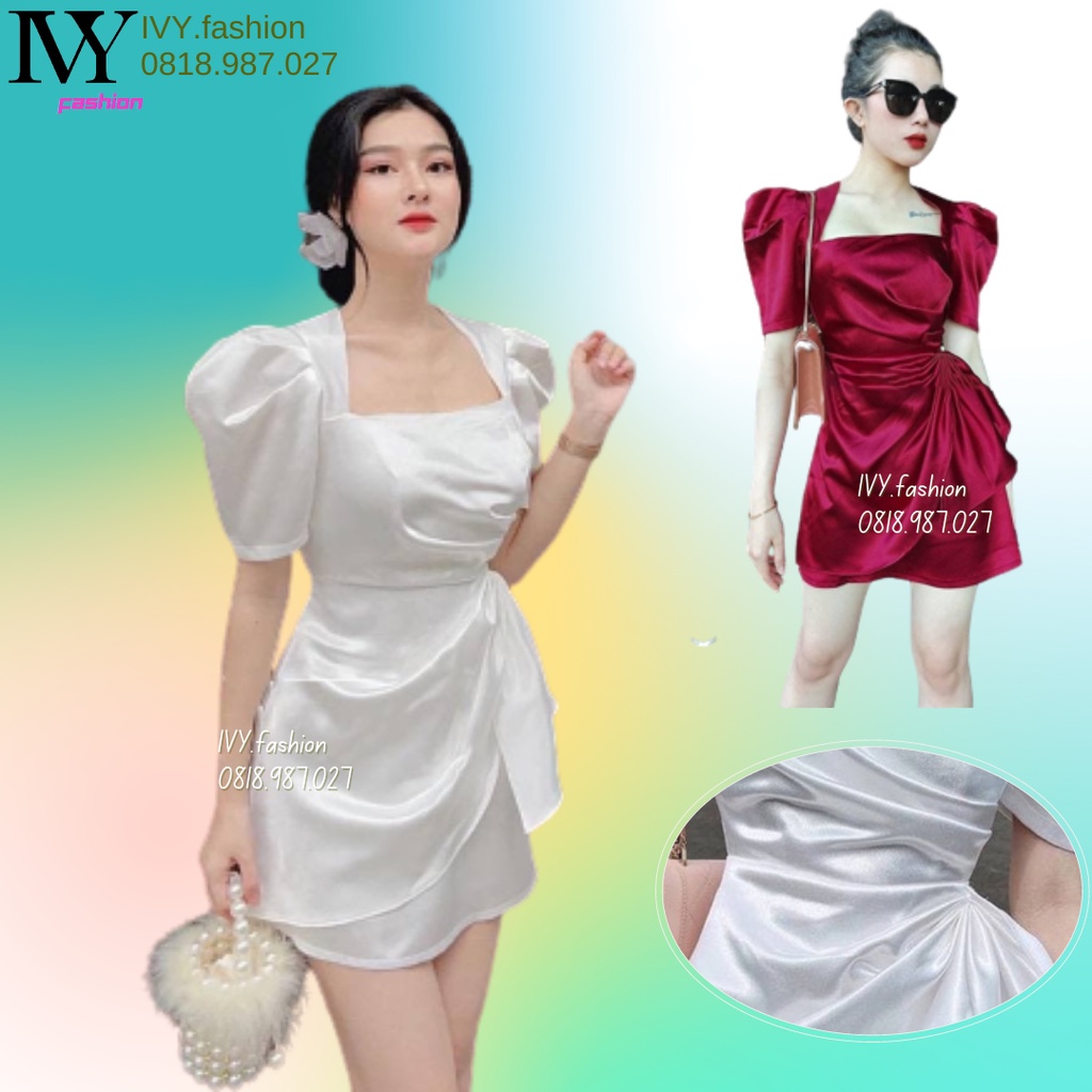 🔥40-65KG🔥 Đầm cổ vuông tay phồng bigsize 🔥 phi full lót lụa🔥 trắng đỏ tay bồng xếp ly nơ eo bèo tà đi biển dự tiệc