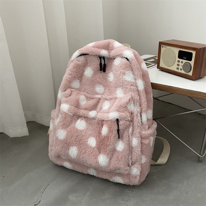 Balo lông thỏ hoạ tiết chấm bi trẻ trung