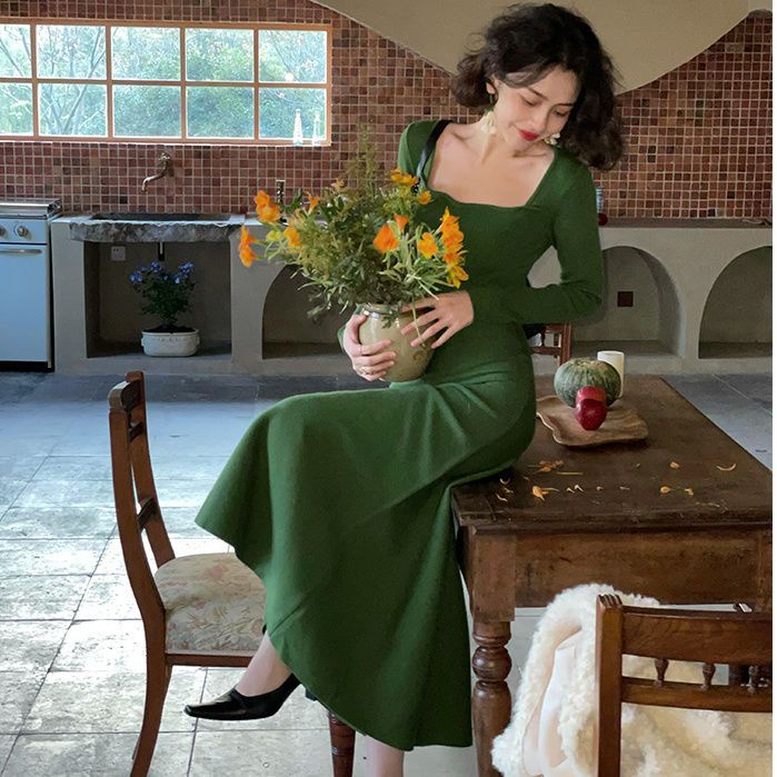 Sản Phẩm mới mùa thu!F &amp; X Đầm Dệt Kim Dáng Dài Ôm Eo Cao Thời Trang Thu Đông 2022 Phong Cách Hepburn Pháp Cao Cấp