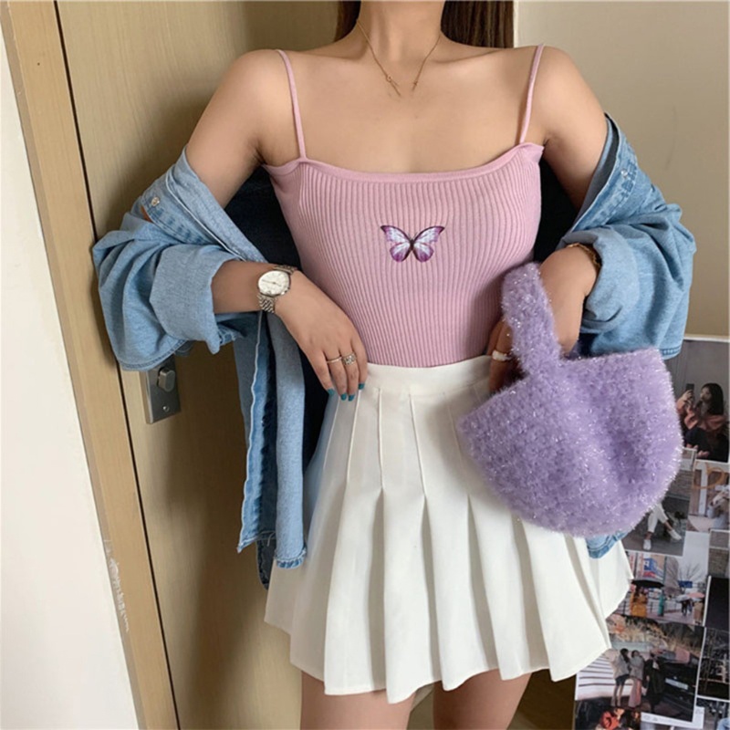 Áo Tank Top Hai Dây Ôm Dáng Họa Tiết Bướm Xinh Xắn Cho Nữ