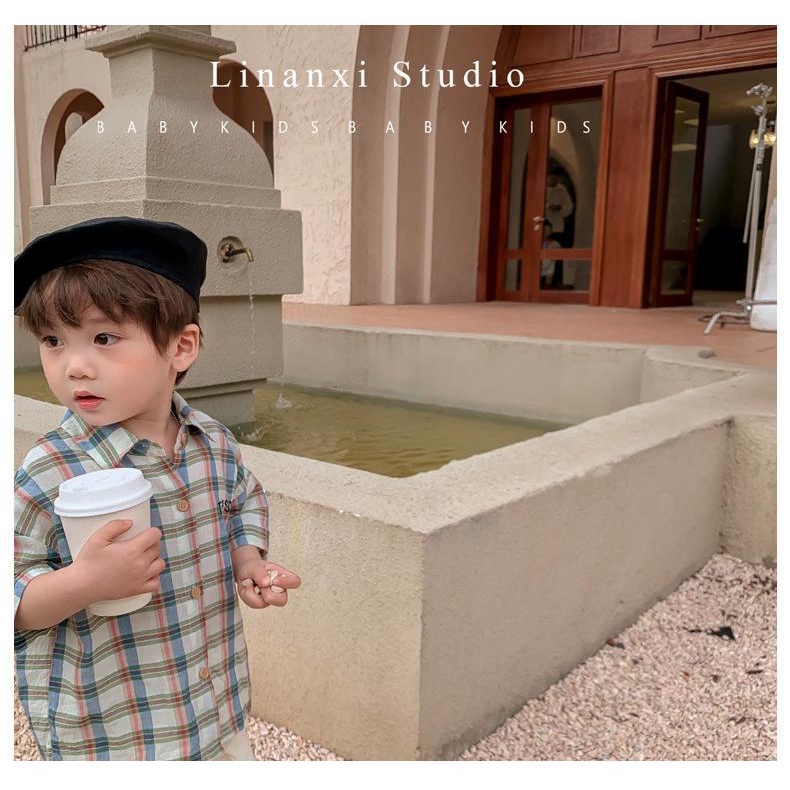 Bộ Áo Thun Cotton Tay Ngắn Và Quần Ngắn Họa Tiết Caro Phong Cách Hàn Quốc Thời Trang Mùa Hè Cho Bé Trai