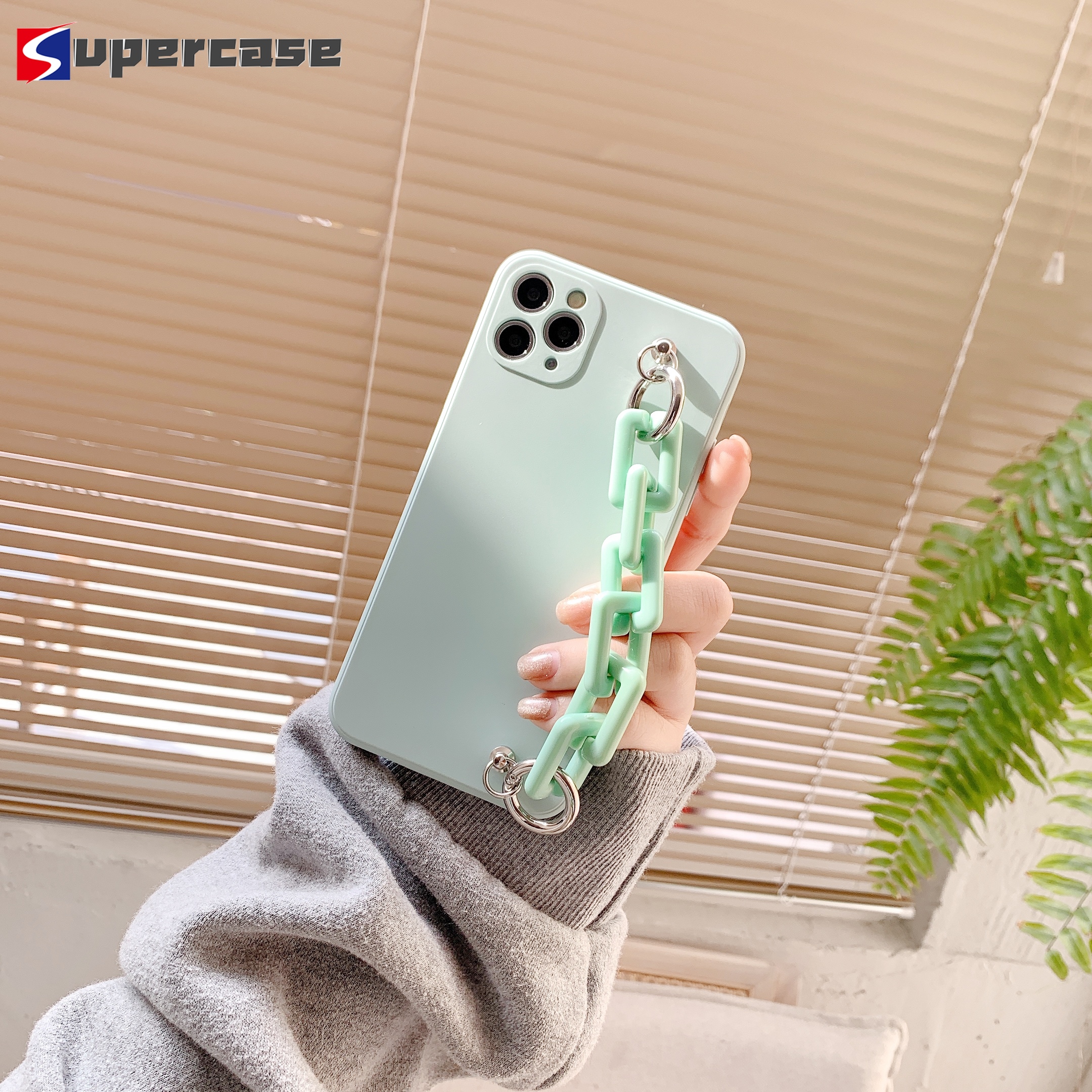 Ốp Lưng Điện Thoại Bằng Silicone Mềm Chống Rơi Có Dây Đeo Màu Xanh Lá Cho Iphone 12 Mini Pro Max 11 Pro Max Xs Max Xr X 8 7 Plus Se 2020