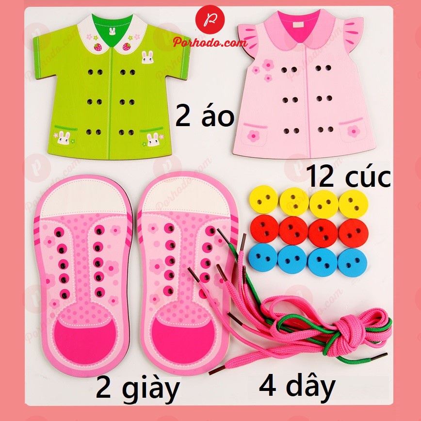 Đồ chơi tập buộc dây giày + xâu cúc áo chuẩn montessori KB216089, Đồ chơi thông minh giáo dục