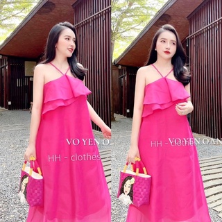 Đầm maxi tơ cổ yếm phối viền bèo dễ thương