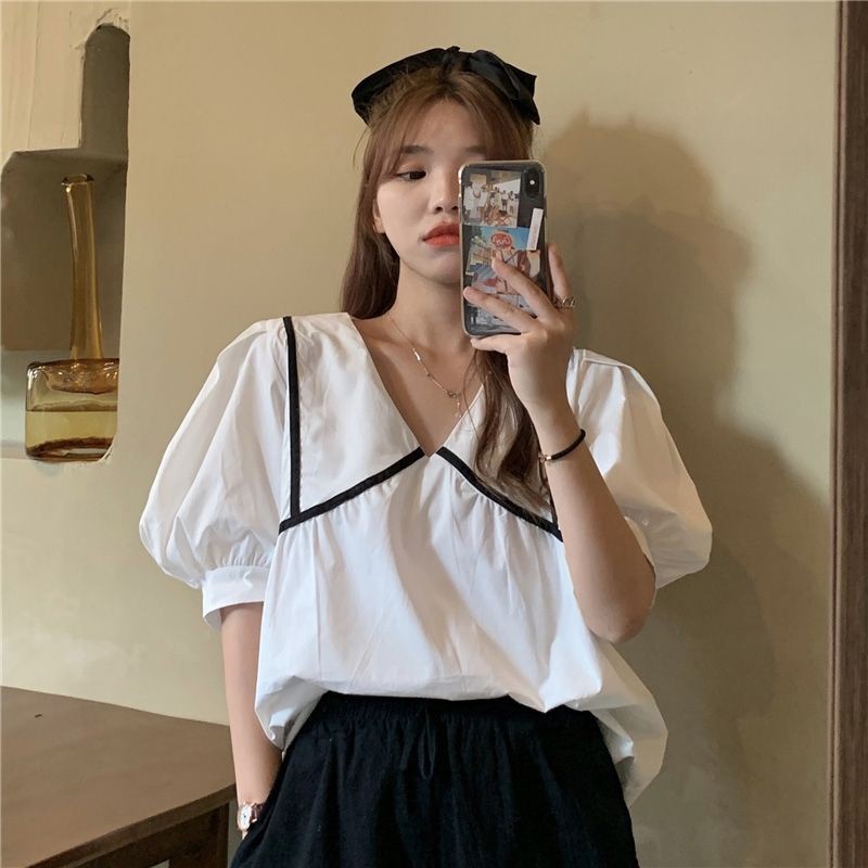 ✳ÁO BABYDOLL CỔ V PHỐI VIỀN MINIHOUSE68 - KIỂU BABYDO NỮ | BigBuy360 - bigbuy360.vn