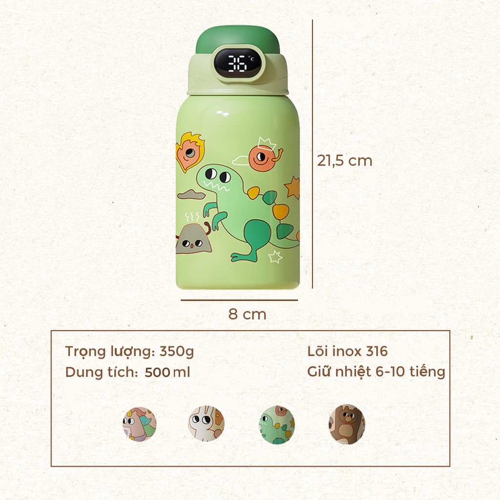 Bình giữ nhiệt, bình đựng nước trẻ em Lason inox 316 500ml hiển thị nhiệt độ BN-BTE00122