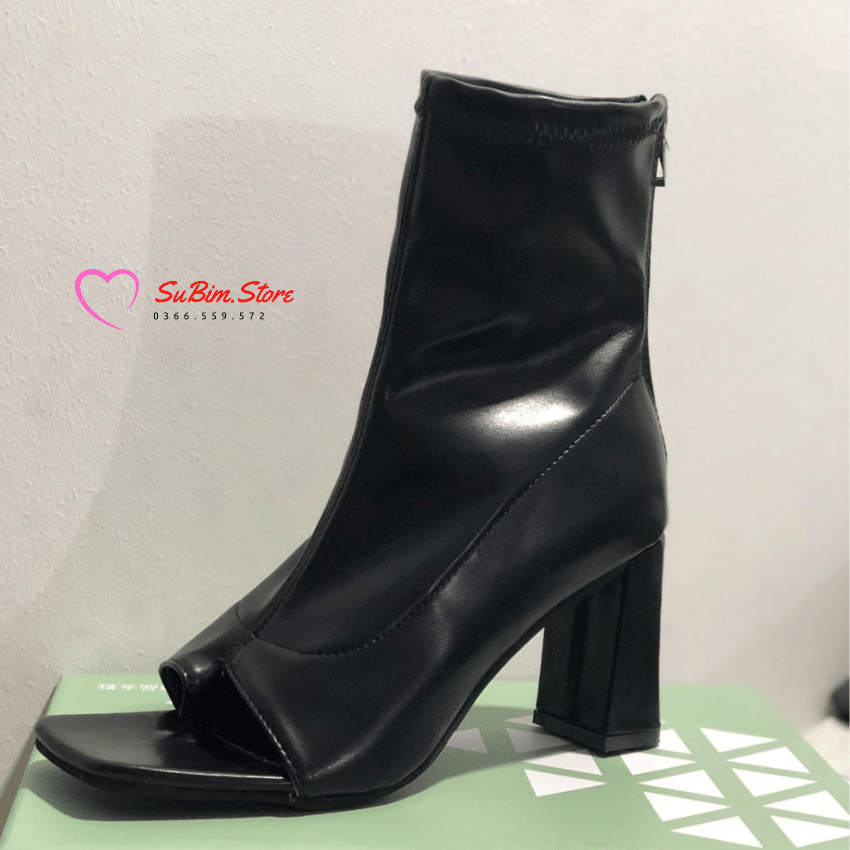 [Ảnh thật] Boots Nữ Cổ Lửng Xỏ Ngón Khoá Sau Da Mềm Chất Đẹp– SuBim.Store – Gót vuông 7p, da lì mềm mịn