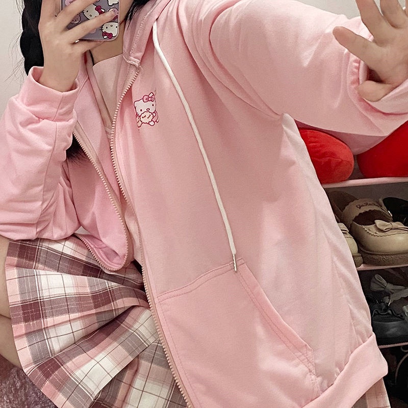 Áo Khoác Hoodie Tay Dài Có Khóa Kéo In Hình Hello Kitty Phong Cách Harajuku Nhật Bản Cho Nữ