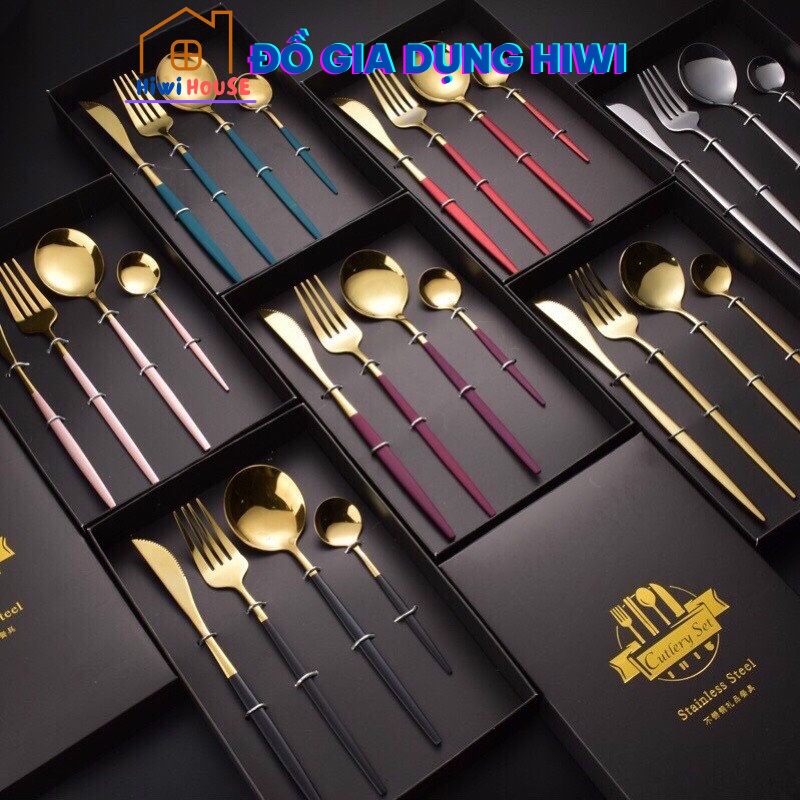 SET 4 MÓN DAO, MUỖNG, THÌA MẠ VÀNG HOÀNG GIA CAO CẤP