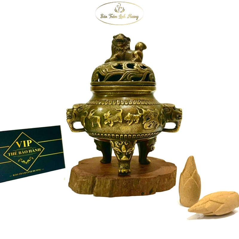Lư Xông Nụ Trầm Hương - Đỉnh Đốt Nhang - Đồ Thờ Cúng Lư Đồng Cổ Đúc Nguyên Khối 12 Con Giáp - Quà Tặng Phong Thủy