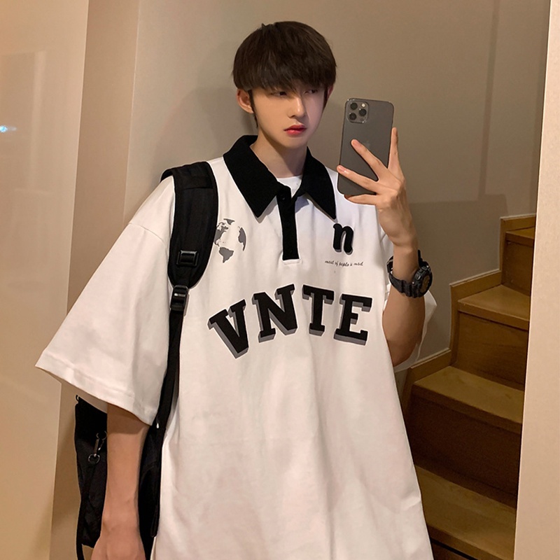 Áo polo Tay Ngắn Có Cổ In Chữ Phong Cách Hàn Quốc Thời Trang Mùa Hè Cho Nam