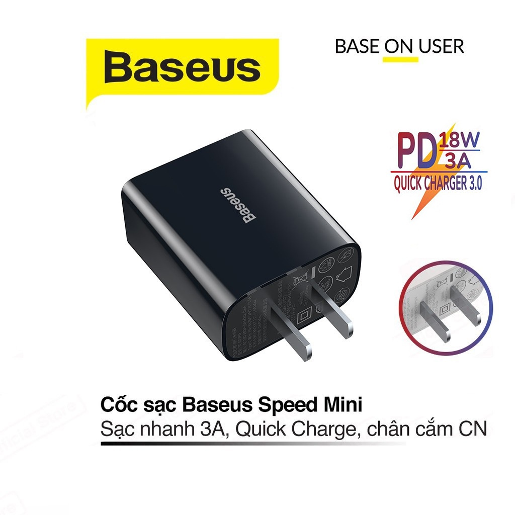 Cốc sạc nhanh 3A/PD18W Baseus Speed Mini chân dẹt tích hợp 1 cổng Type-C chất kiệu chống cháy cao cấp