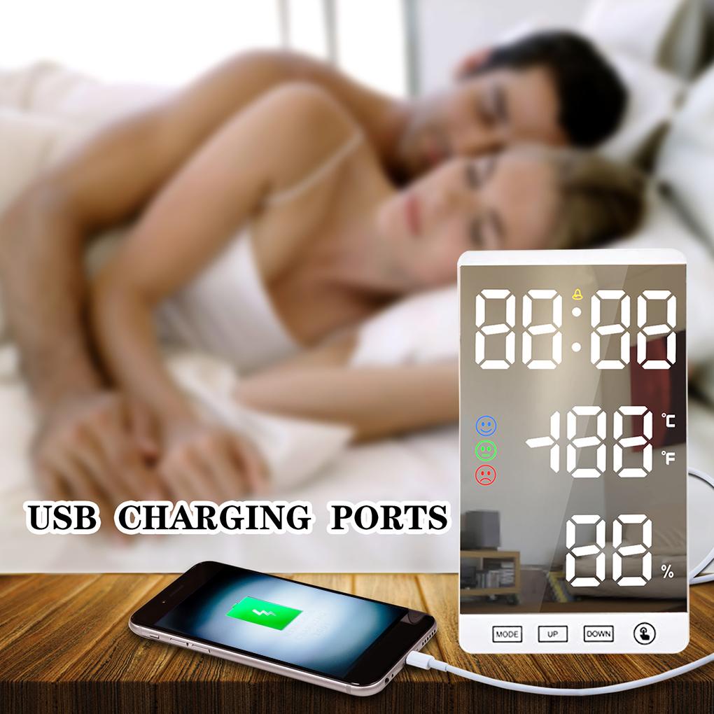 Đồng Hồ Báo Thức Điện Tử Màn Hình LED 6 Inch Cảm Ứng Mặt Gương Hiển Thị Nhiệt Độ Và Độ Ẩm Cổng USB