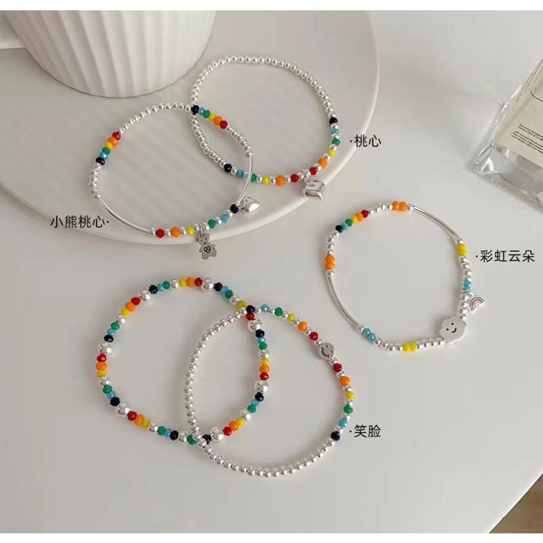 Vòng Tay Chuỗi Hạt Màu Cầu Vồng Mặt Gấu Cười Thiết Kế Mới Cho Bạn Bè