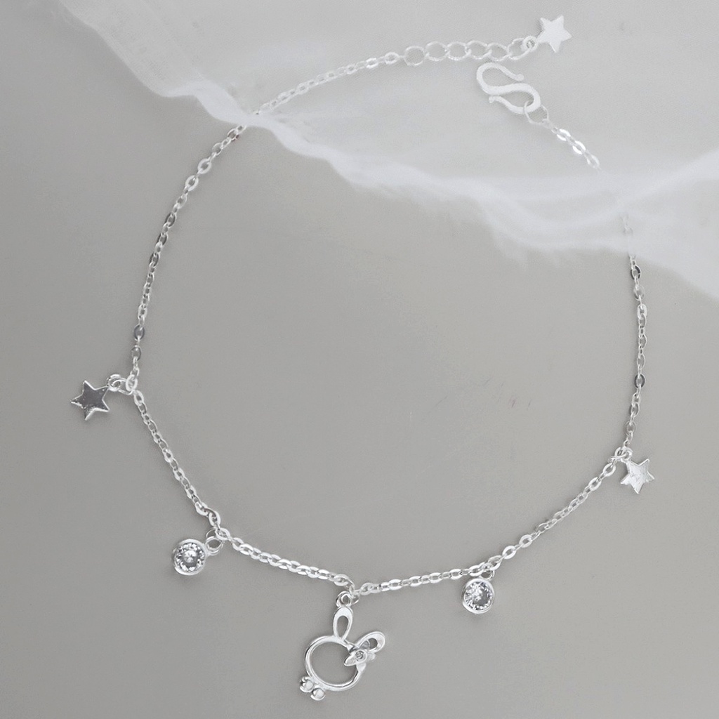 Lắc chân nữ vòng chân nữ bạc s925 thỏ đeo nơ sao và viên pha lê tròn tua rua Cá jewelry LC40