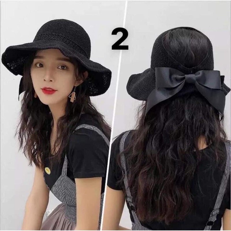 Mũ, nón cói nửa đầu HANA đi biển vành rộng chống nắng thắt nơ Hàn Quốc có thể cuộn lại