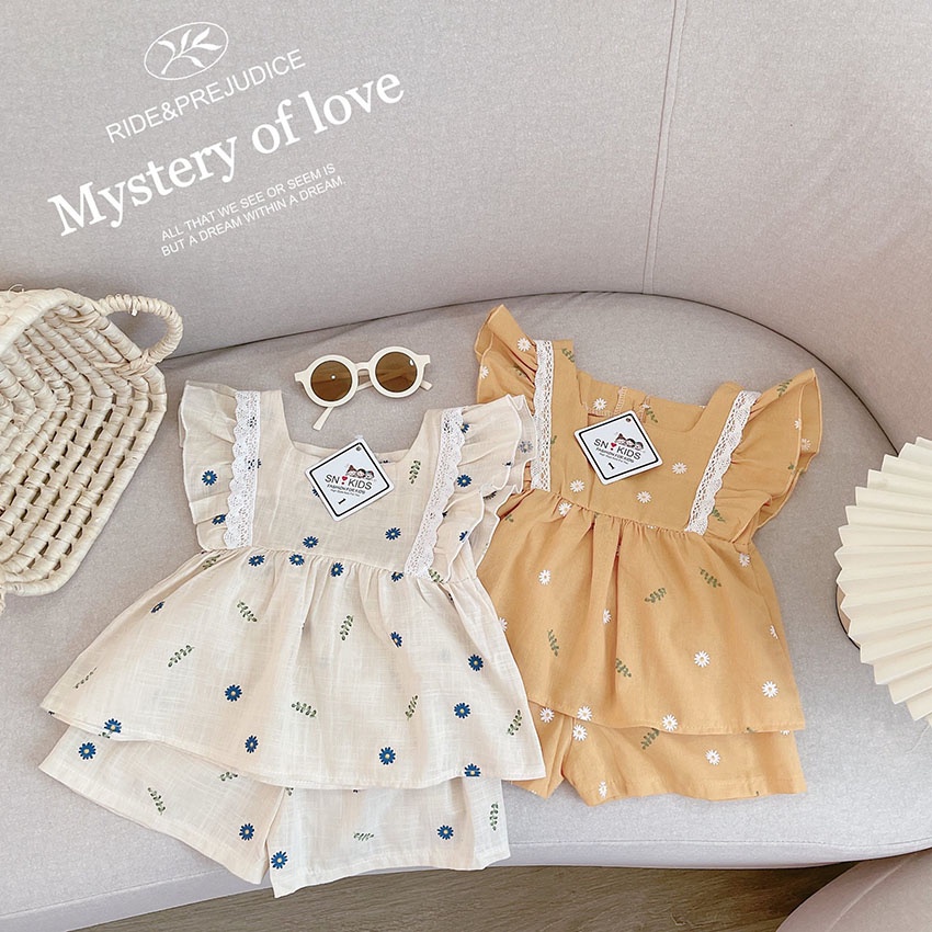 Bộ Quần Áo Trẻ Em 3 Lỗ Cánh Tiên Vải Linen In Hình Hoa Cúc Cho Bé Gái Từ 7-19kg Mã BL32