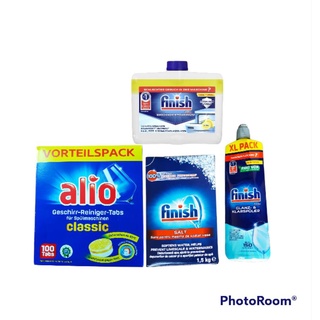 Combo cho máy rửa bát: Viên rửa Alio classic 100v + Muối Finish 1,5kg + bóng Finish 750ml + Vệ sinh Finish