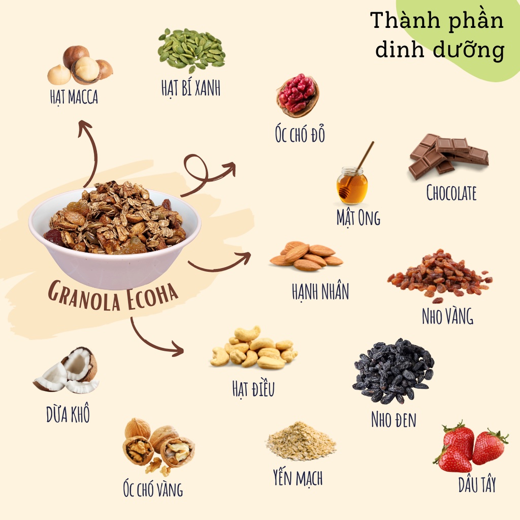 Granola siêu hạt vị Chocolate thêm macca, óc chó, ngũ cốc giảm cân không đường ECOHA