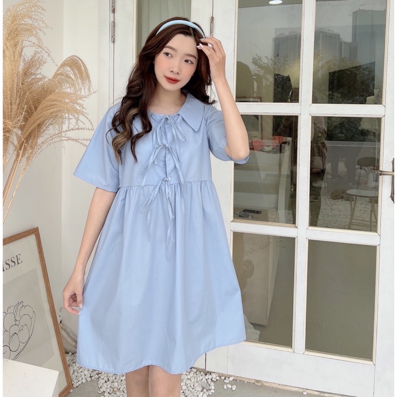 Váy Babydoll Xanh 3 Nơ Nữ - Đầm Trơn Cộc Tay Cổ Sơ Mi Thiết Kế Đơn Giản Cá Tính HOT TREND