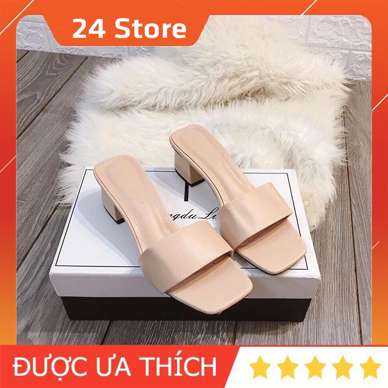 Dép Nữ Cao Gót Đế 5 Phân Quai Ngang Da Lì Gót Vuông 2 Màu Đen Nude