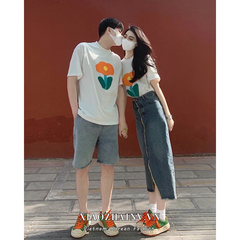 Áo thun cotton XIAOZHAINV tay ngắn dáng rộng in họa tiết hoa đơn giản thời trang mùa hè cho cặp đôi