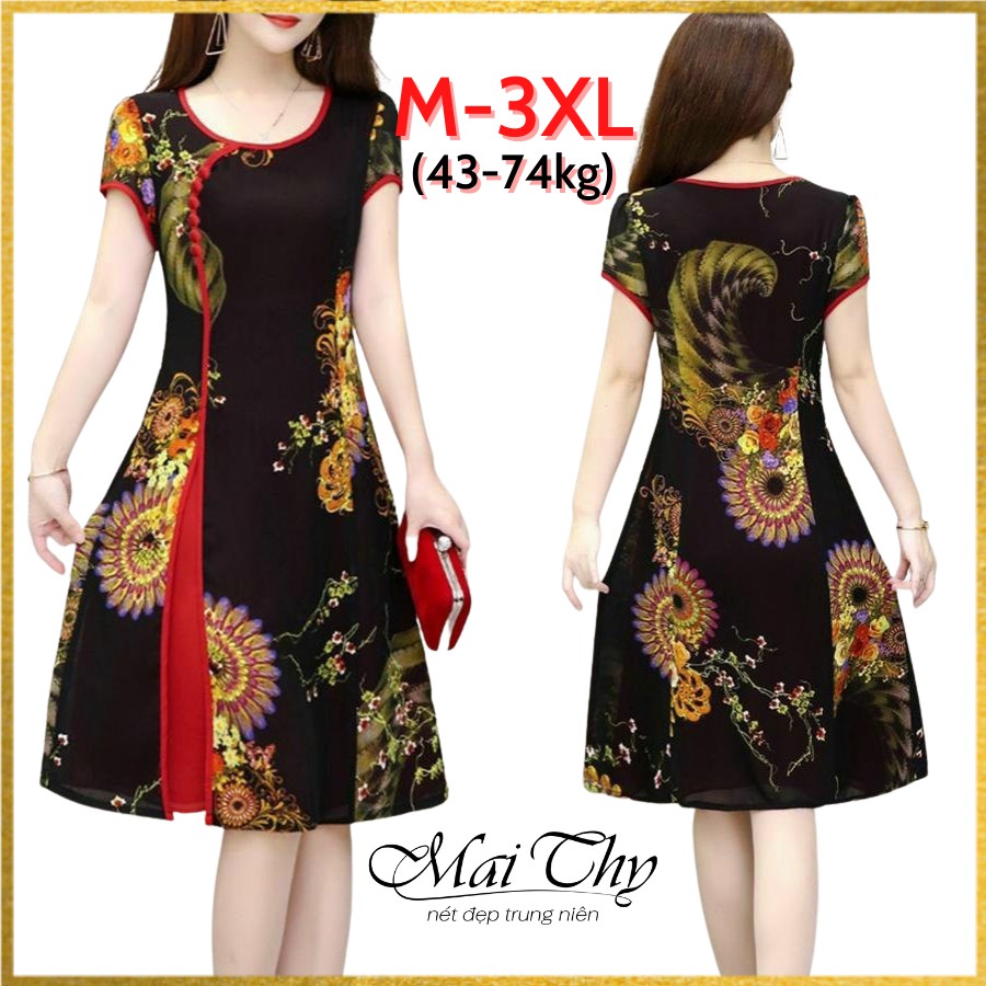 Đầm Trung Niên Big Size, Mẫu đầm Suông Giấu Bụng Cổ Tàu Form Chữ A In Hoa Nhiều Màu Size M-4XL, Thời Trang Trung Niên Nữ