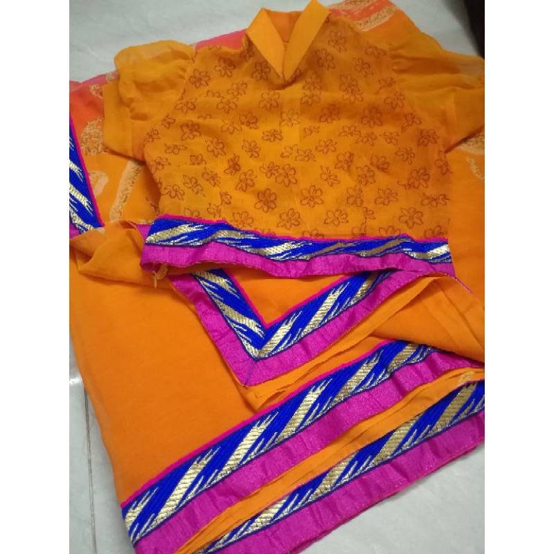 Sari Ấn Độ saree in hoa văn màu vàng cam(có sẵn)