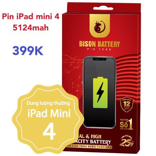 Pin iPad Mini 1, Pin iPad Mini 2, Pin iPad Mini 3, Pin iPad Mini 4 chính hãng Pin BISON- BH 12 tháng