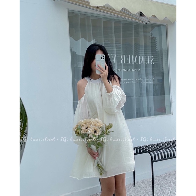 Váy tơ khoét vai cột dây sau