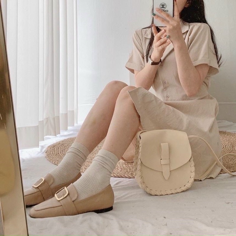 Đầm váy sơ mi kem nhạt thắt eo đi làm đi chơi