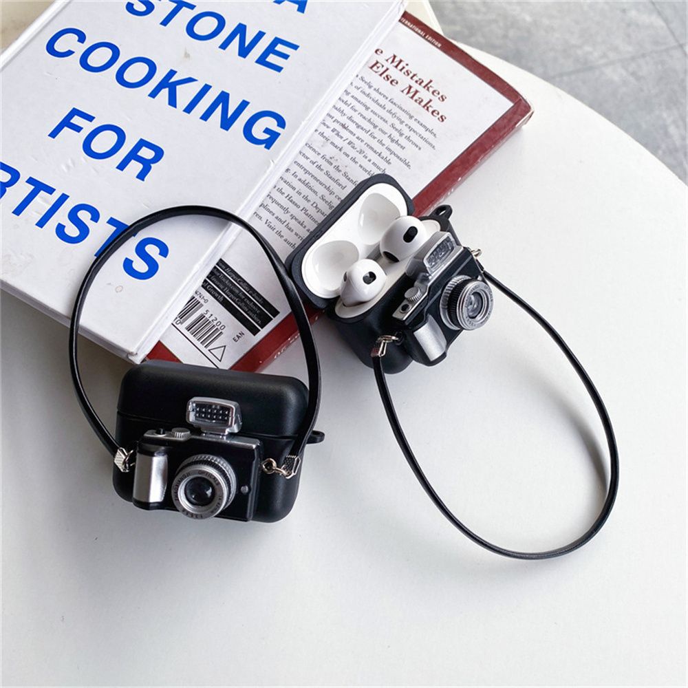 Vỏ bảo vệ hộp sạc Airpods 1 2 3 Pro hình dáng chiếc máy ảnh 3D chất liệu bằng silicon mềm gắn dây đeo cổ điển