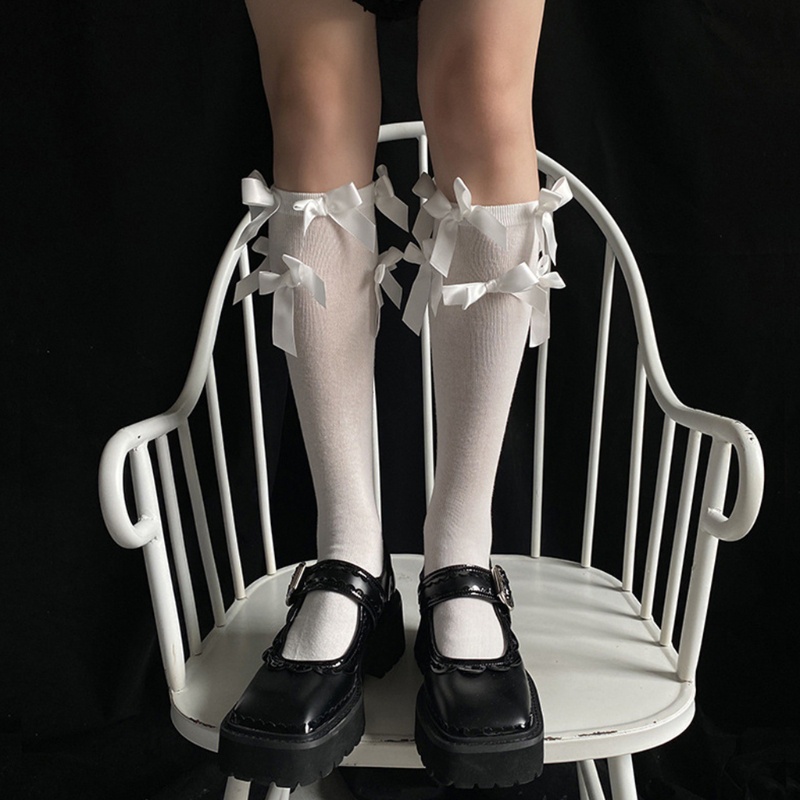 Vớ Dài Qua Gối Vải Satin Đính Nơ Màu Trắng Đen Phong Cách Lolita