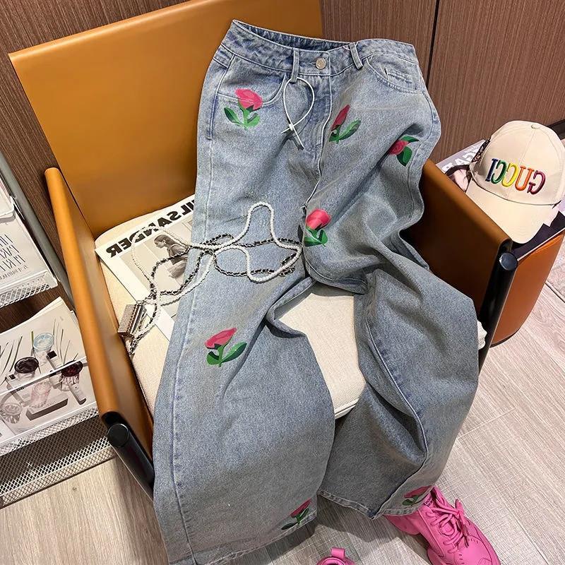Quần Jean Ống Suông Họa Tiết Hoa Hồng Nhỏ Phong Cách Nhật Bản Thời Trang Cho Nữ 2022